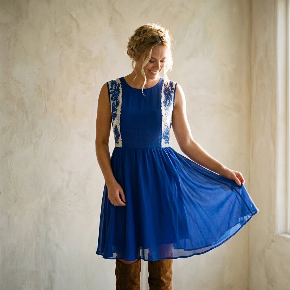 Urban Outfitters Pins and Needles Embroidered Royal Blue Deep V back Flowy Dress - Picture 9 of 12